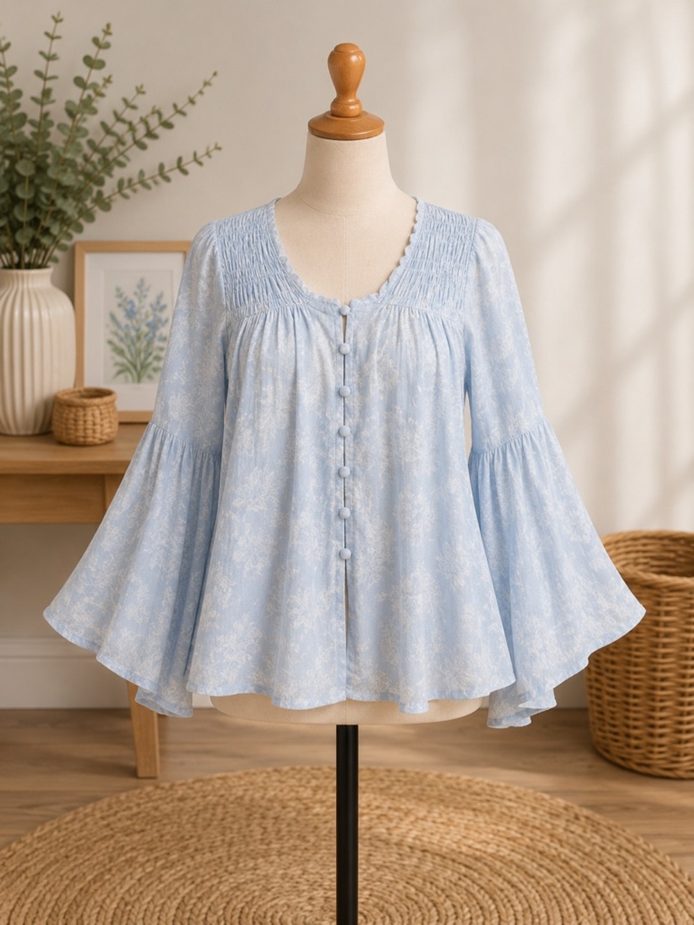 Self Esteem Light Blue Floral Button-Front Peasant Blouse